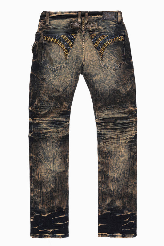 MILITARY/BIKER LONG FLAP SKINNY JEANS  EMBELLISHED WITH CRYSTALS AND NAILHEADS IN WHISKY WASH