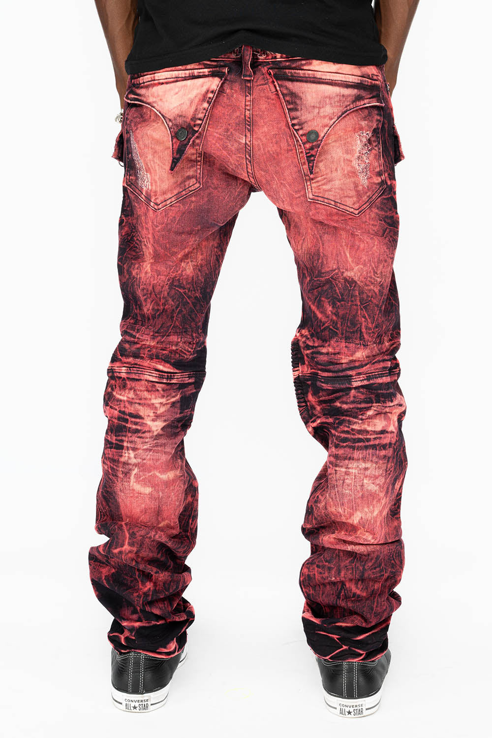 MILITARY/BIKER LONG FLAP MENS SKINNY JEANS IN RED YANKEE DESTROYED WASH