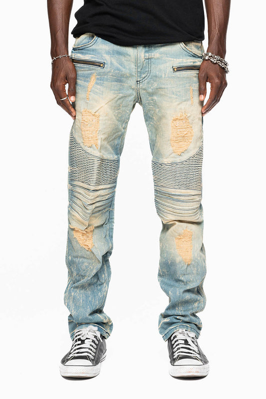 MENS BIKER JEANS IN 5D LIGHT  BROKEN  BACKING WASH