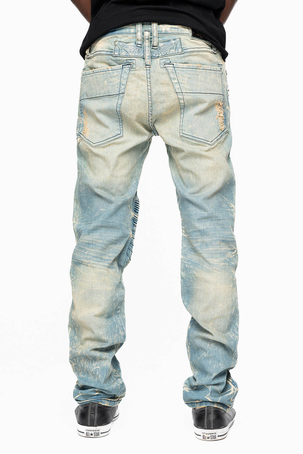 MENS BIKER JEANS IN 5D LIGHT  BROKEN  BACKING WASH