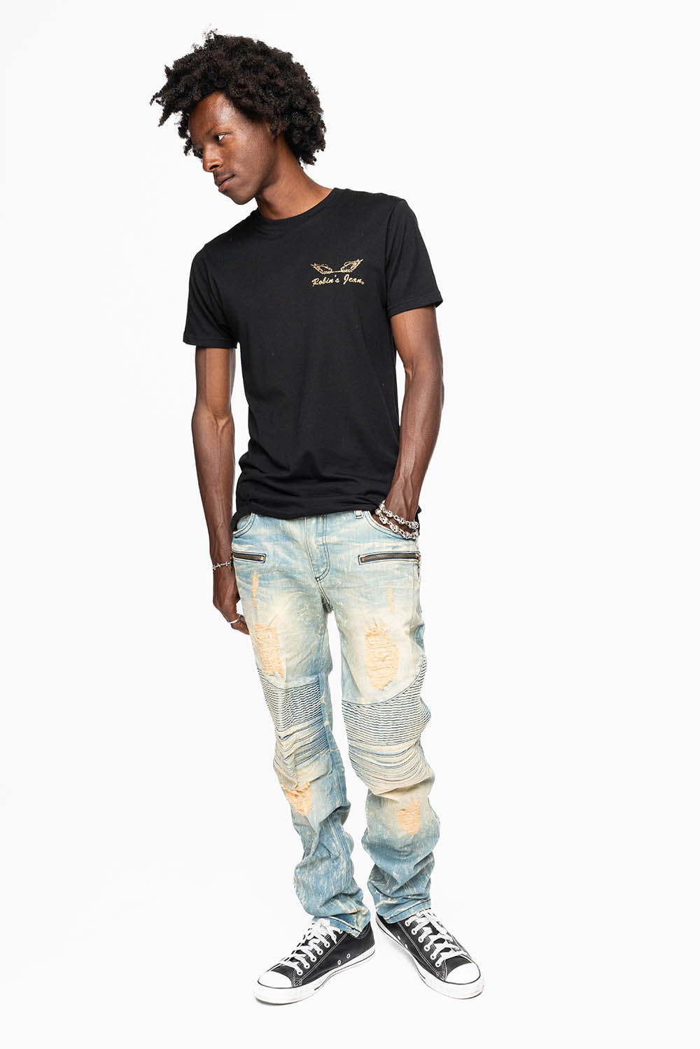 MENS BIKER JEANS IN 5D LIGHT  BROKEN  BACKING WASH