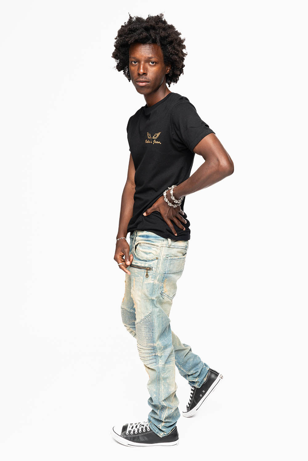 MENS BIKER JEANS IN 5D LIGHT  BROKEN  BACKING WASH
