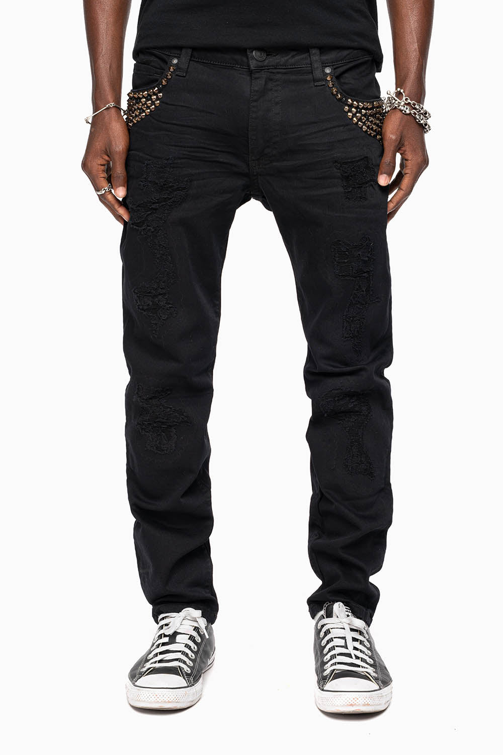 SKINNY MENS JEANS IN PURE BLK BROKEN BACKING WASH WITH SPIKE & CRYSTALS