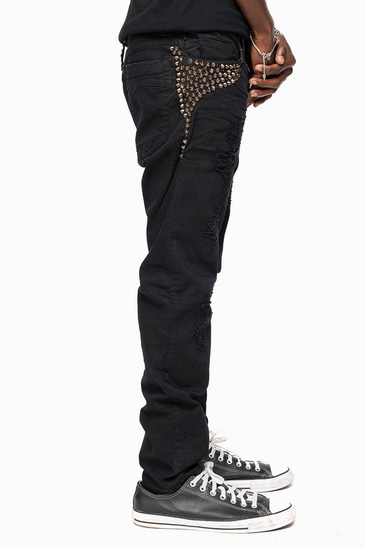 SKINNY MENS JEANS IN PURE BLK BROKEN BACKING WASH WITH SPIKE & CRYSTALS