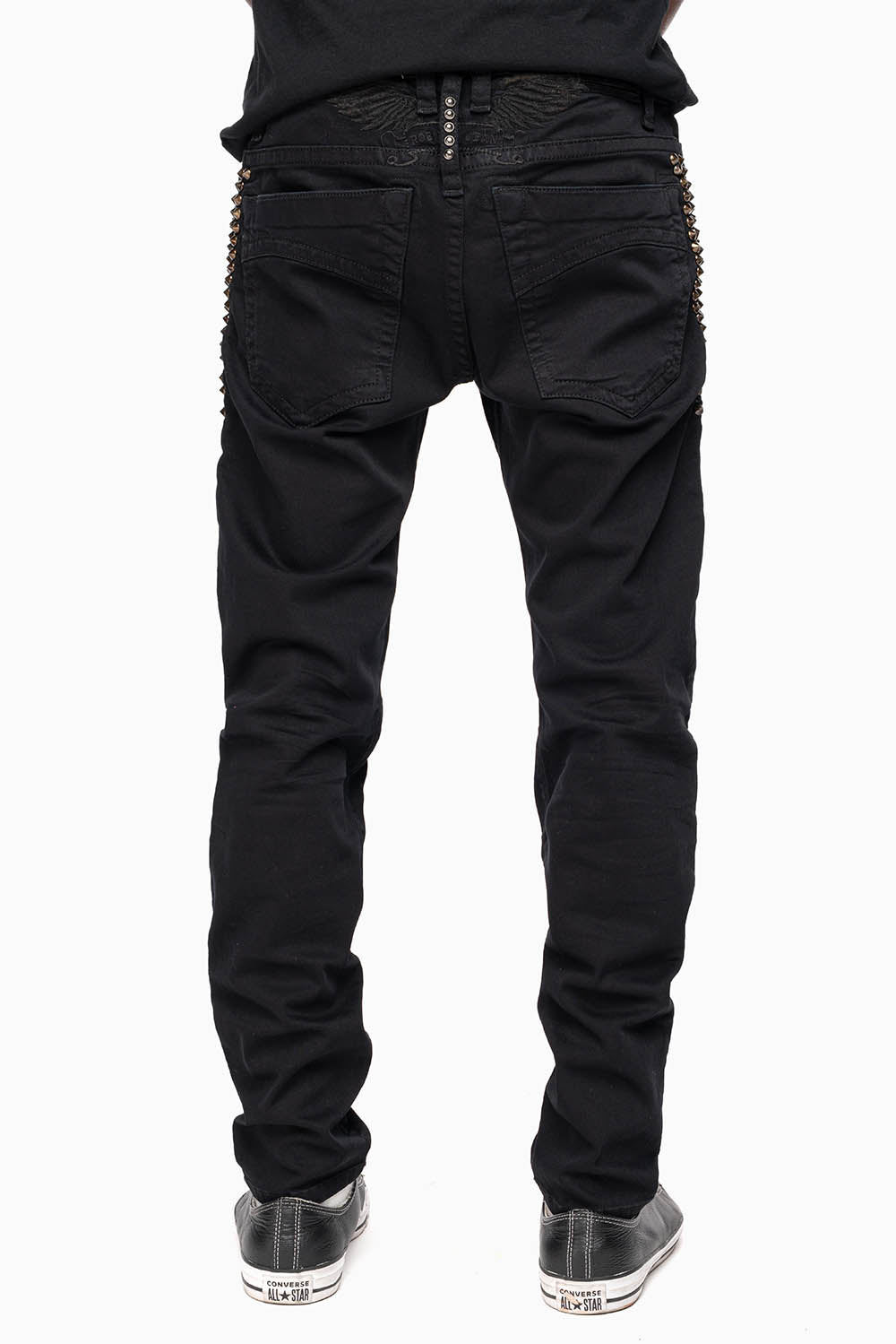 SKINNY MENS JEANS IN PURE BLK BROKEN BACKING WASH WITH SPIKE & CRYSTALS