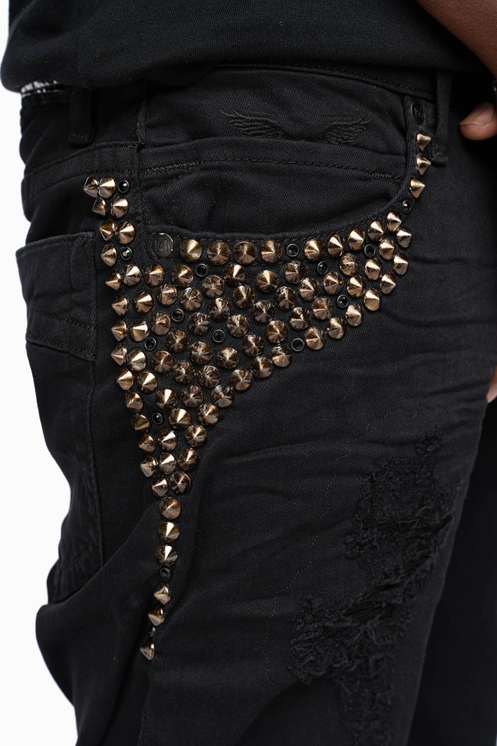 SKINNY MENS JEANS IN PURE BLK BROKEN BACKING WASH WITH SPIKE & CRYSTALS