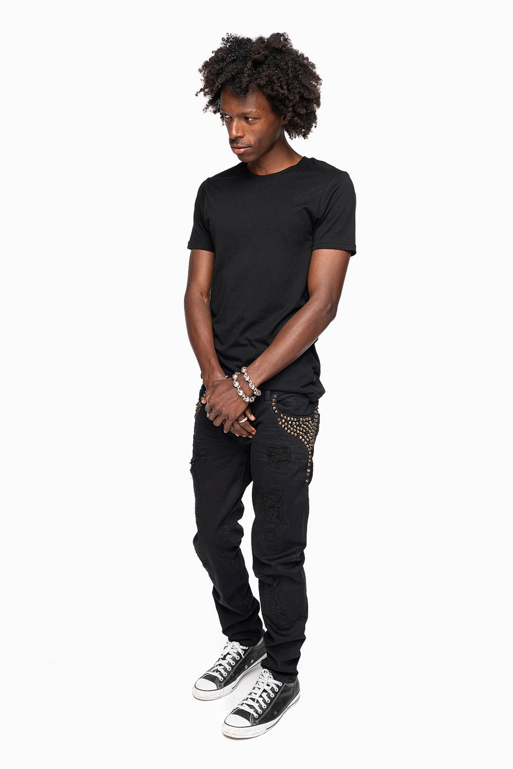 SKINNY MENS JEANS IN PURE BLK BROKEN BACKING WASH WITH SPIKE & CRYSTALS