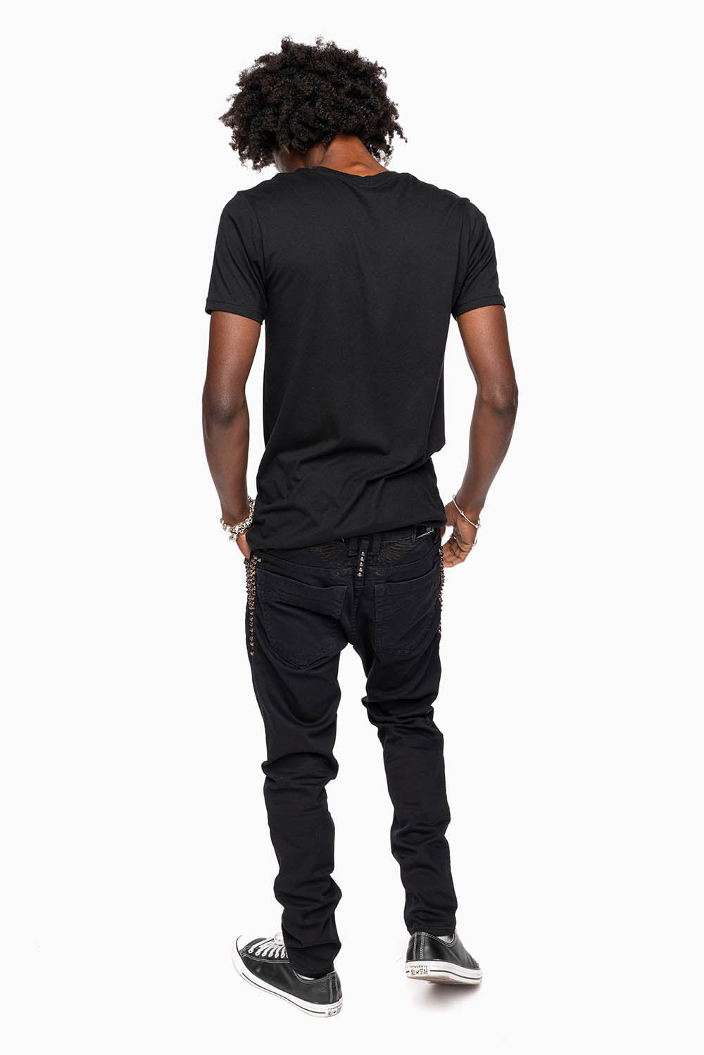 SKINNY MENS JEANS IN PURE BLK BROKEN BACKING WASH WITH SPIKE & CRYSTALS