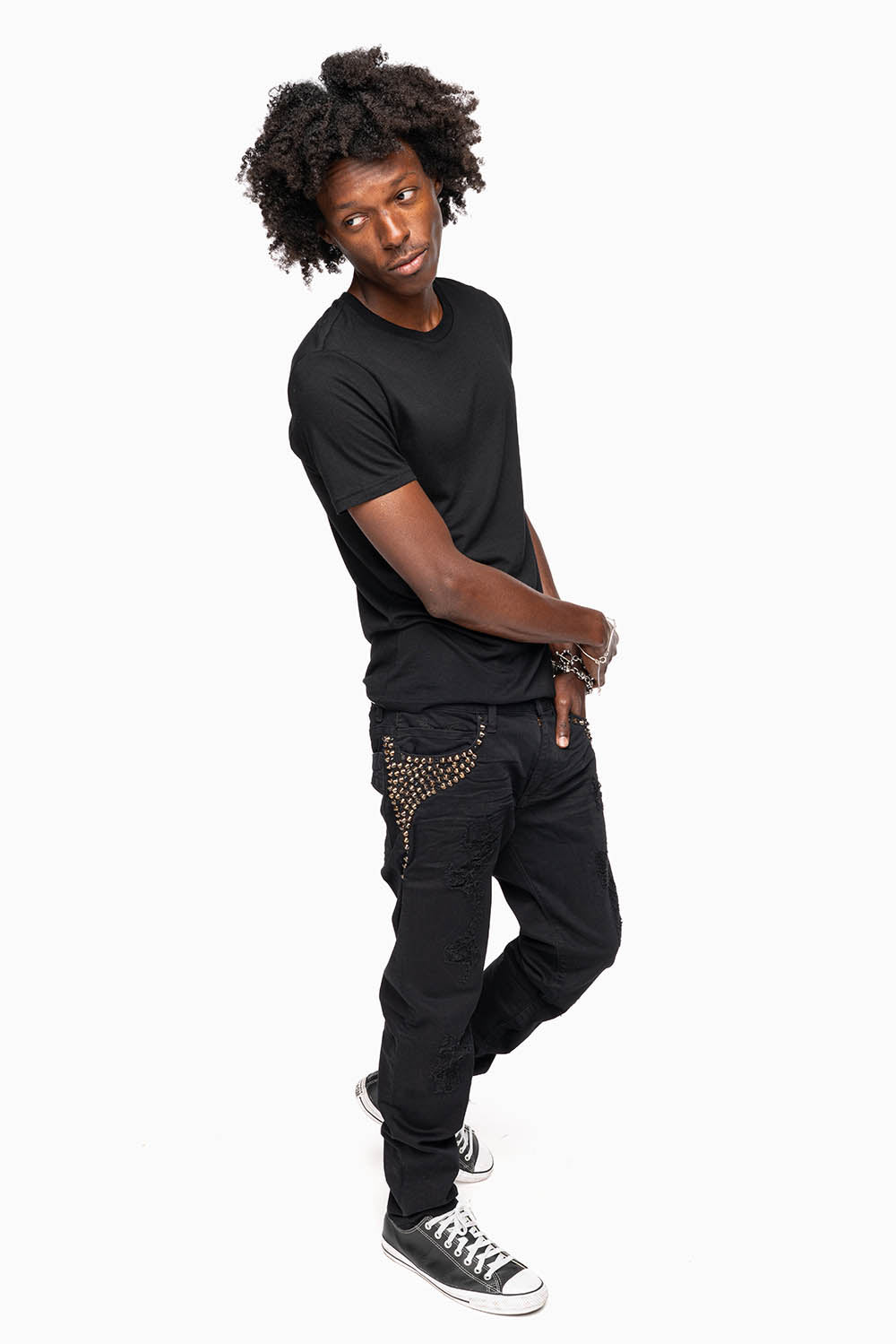 SKINNY MENS JEANS IN PURE BLK BROKEN BACKING WASH WITH SPIKE & CRYSTALS