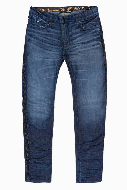 SKINNY MENS JEANS IN BLUE LIBERTY DARK WASH WITH SIDE SEAM STRIPE  NAILHEADS