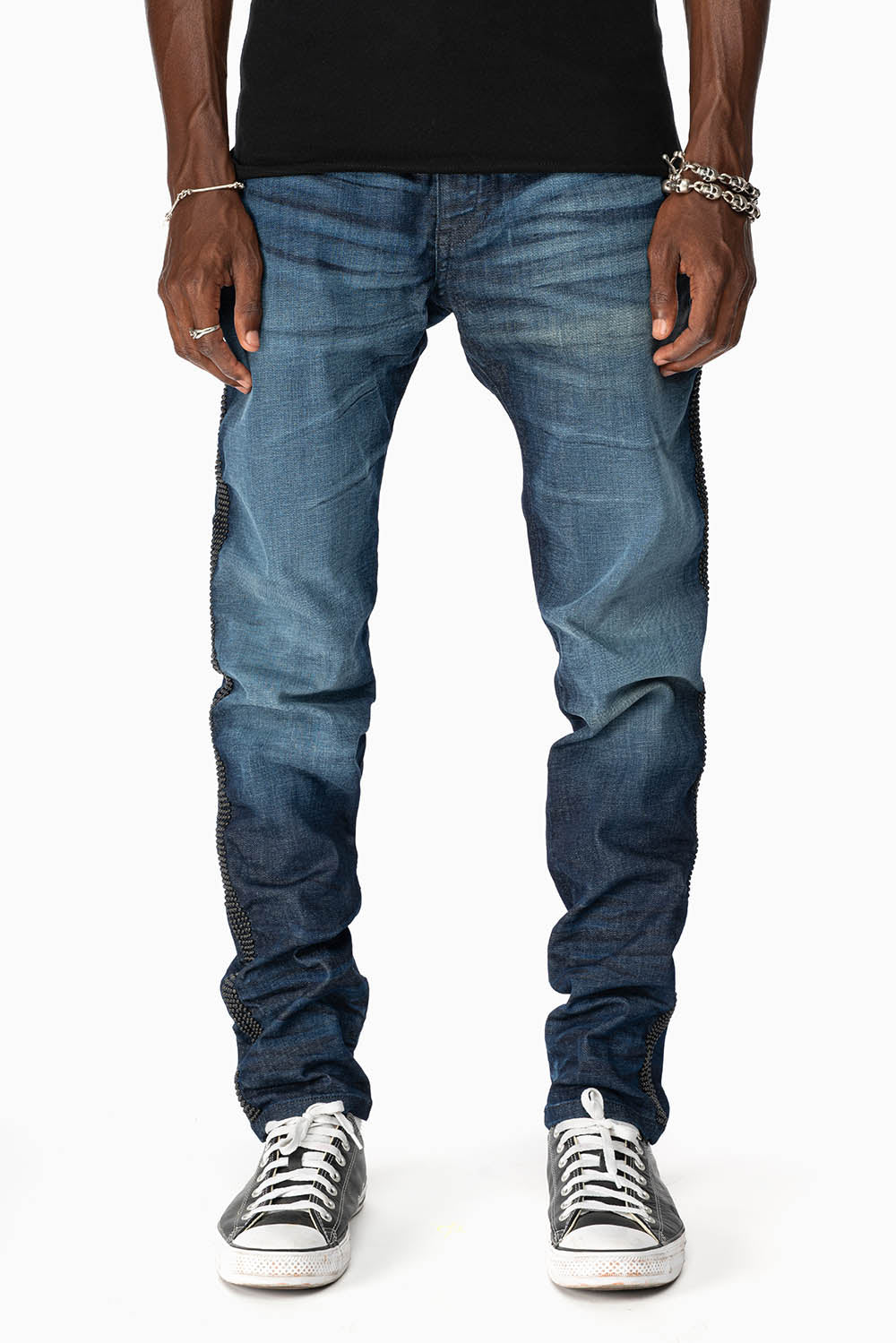 SKINNY MENS JEANS IN BLUE LIBERTY DARK WASH WITH SIDE SEAM STRIPE  NAILHEADS