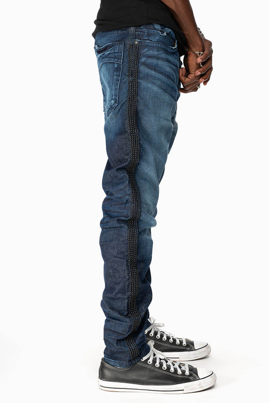 SKINNY MENS JEANS IN BLUE LIBERTY DARK WASH WITH SIDE SEAM STRIPE  NAILHEADS