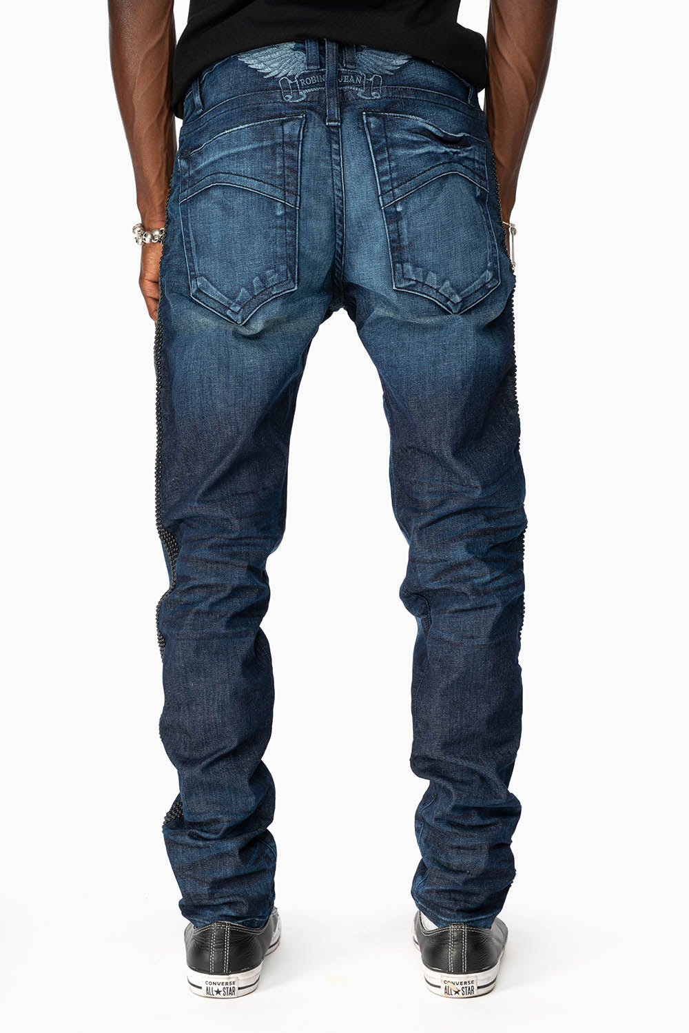 SKINNY MENS JEANS IN BLUE LIBERTY DARK WASH WITH SIDE SEAM STRIPE  NAILHEADS