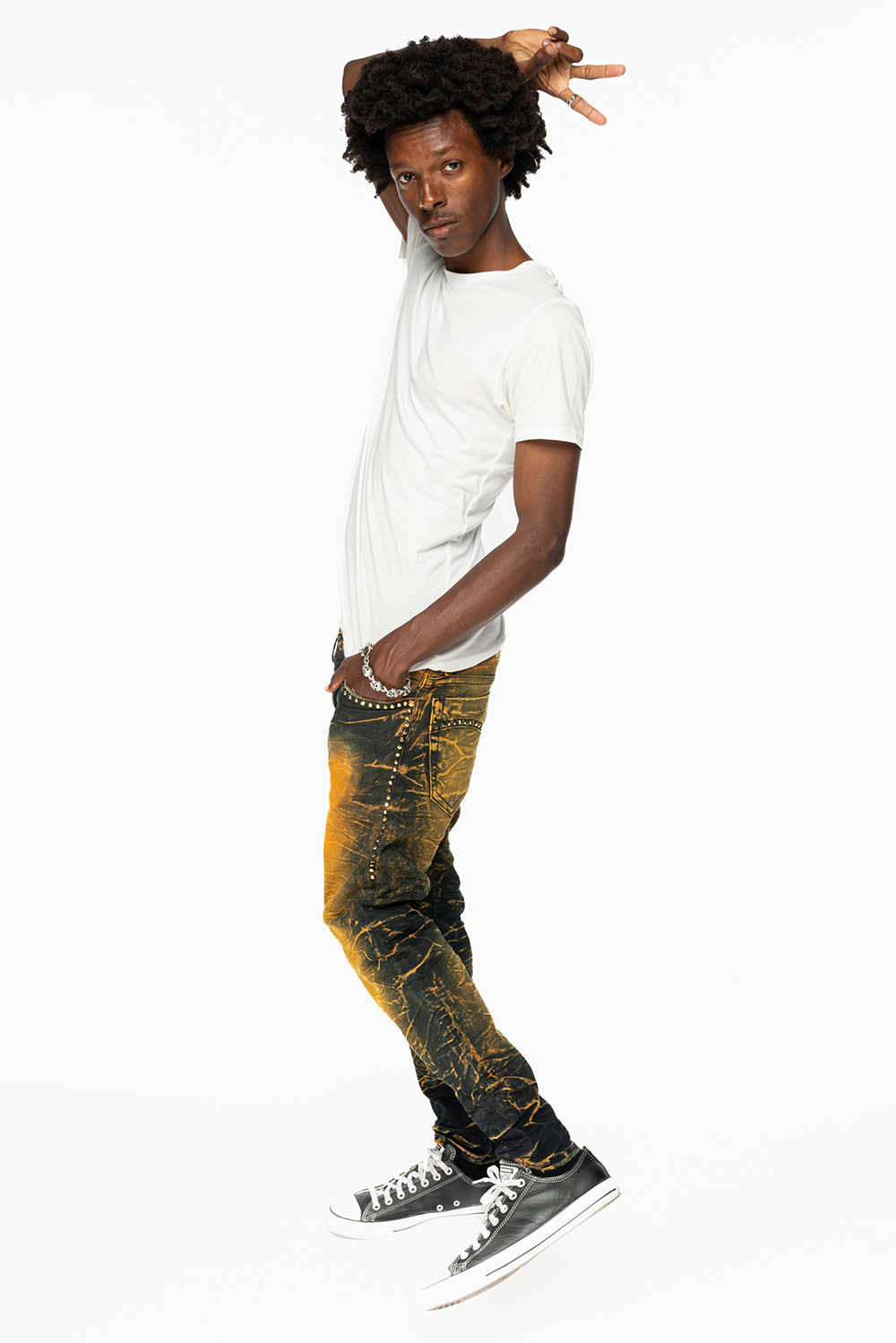 SKINNY MENS JEANS IN 4D GREEN TEA WASH WITH AURUM CRYSTALS