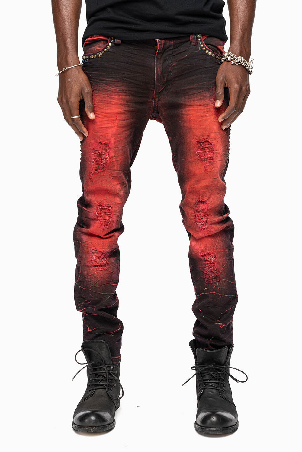 SKINNY MENS JEANS IN 4D DARK MALBEC  BROKEN BACKING WASH WITH LARGE CRYSTALS & STUDS