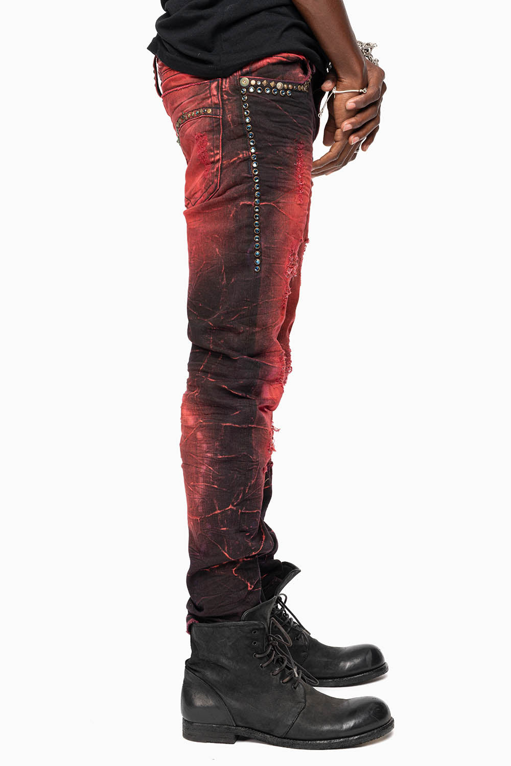 SKINNY MENS JEANS IN 4D DARK MALBEC  BROKEN BACKING WASH WITH LARGE CRYSTALS & STUDS