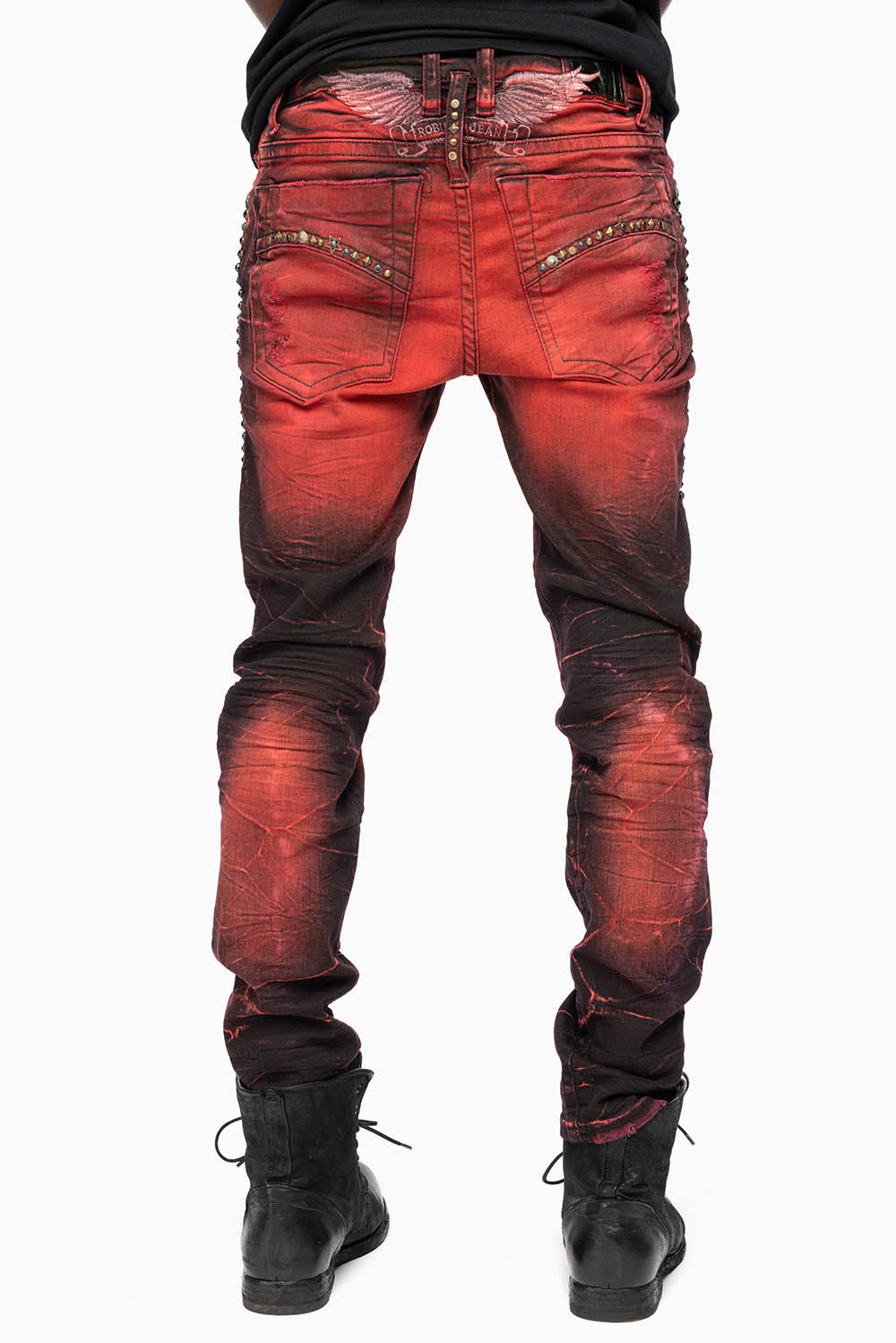 SKINNY MENS JEANS IN 4D DARK MALBEC  BROKEN BACKING WASH WITH LARGE CRYSTALS & STUDS