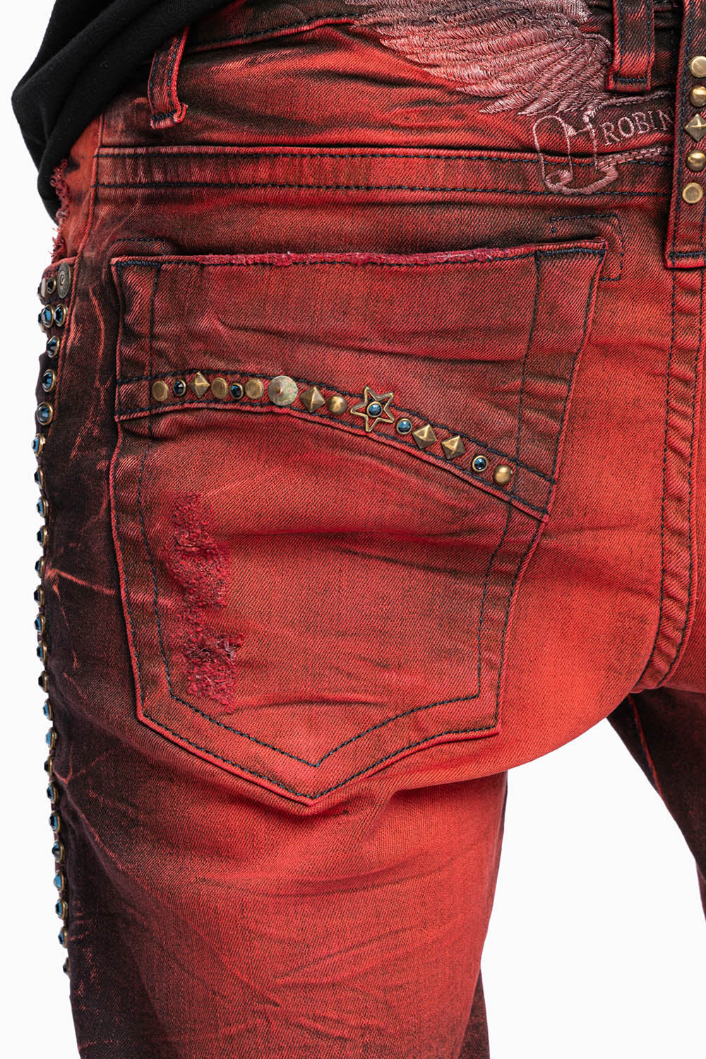 SKINNY MENS JEANS IN 4D DARK MALBEC  BROKEN BACKING WASH WITH LARGE CRYSTALS & STUDS