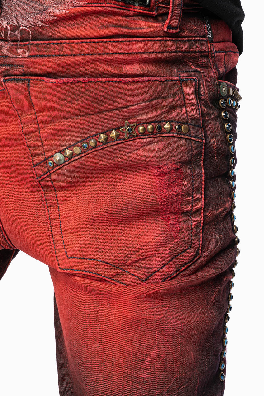SKINNY MENS JEANS IN 4D DARK MALBEC  BROKEN BACKING WASH WITH LARGE CRYSTALS & STUDS