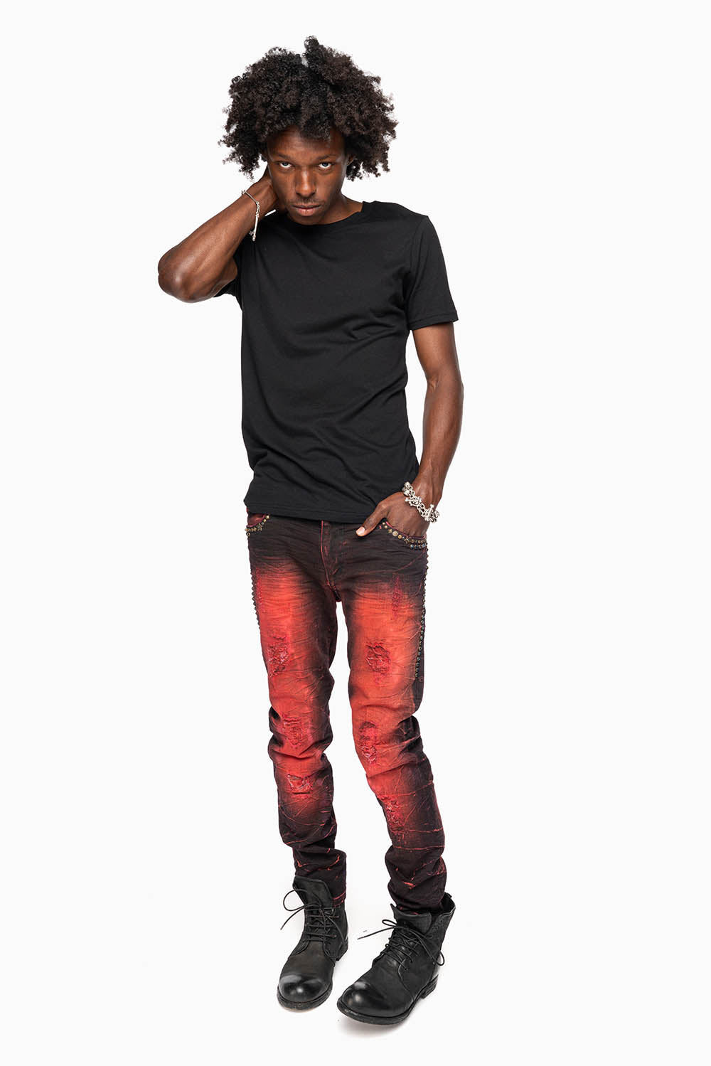 SKINNY MENS JEANS IN 4D DARK MALBEC  BROKEN BACKING WASH WITH LARGE CRYSTALS & STUDS