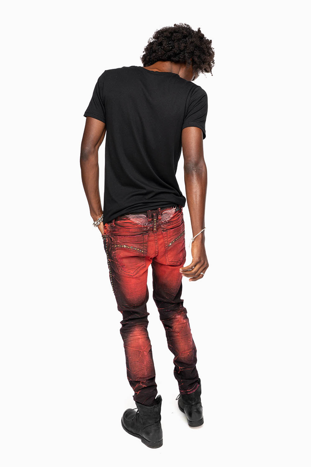 SKINNY MENS JEANS IN 4D DARK MALBEC  BROKEN BACKING WASH WITH LARGE CRYSTALS & STUDS