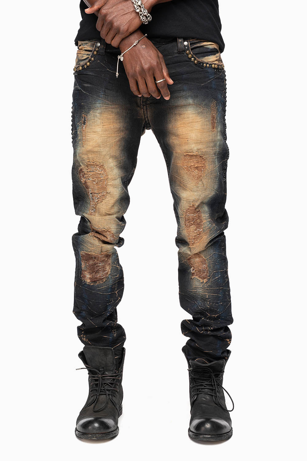 SKINNY MENS JEANS IN 4D DARK OXIDO BROKEN BACKING WASH WITH LARGE CRYSTALS & STUDS