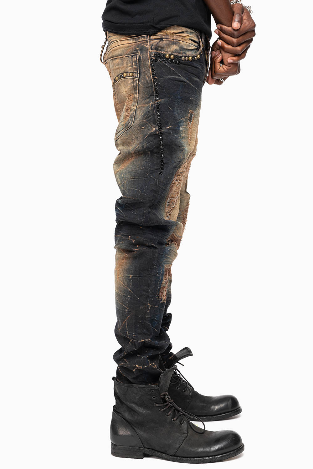 SKINNY MENS JEANS IN 4D DARK OXIDO BROKEN BACKING WASH WITH LARGE CRYSTALS & STUDS