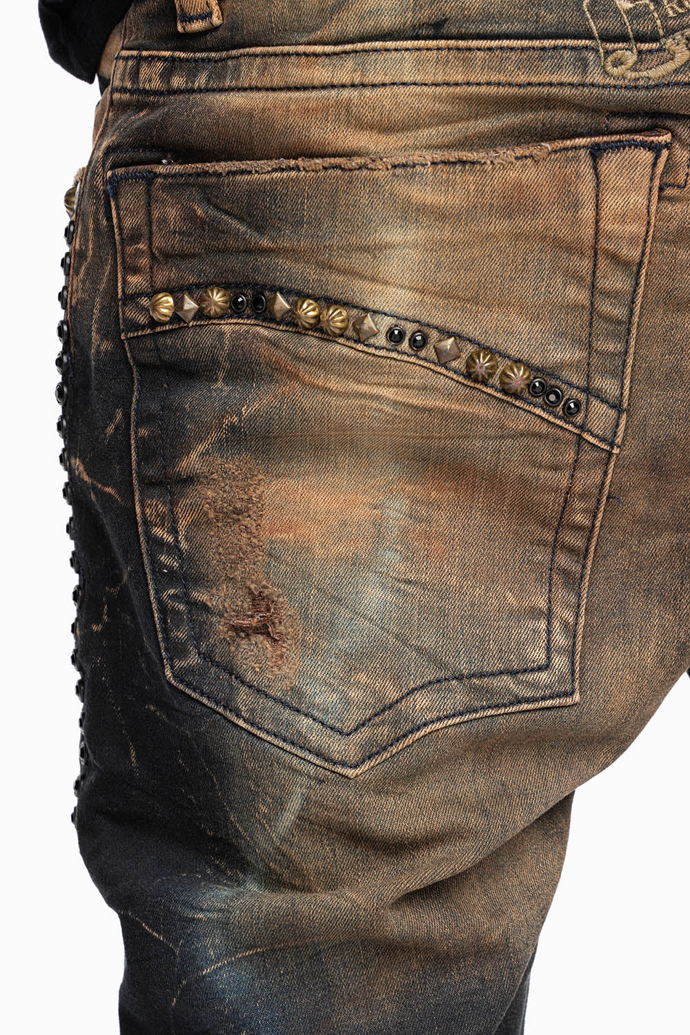SKINNY MENS JEANS IN 4D DARK OXIDO BROKEN BACKING WASH WITH LARGE CRYSTALS & STUDS