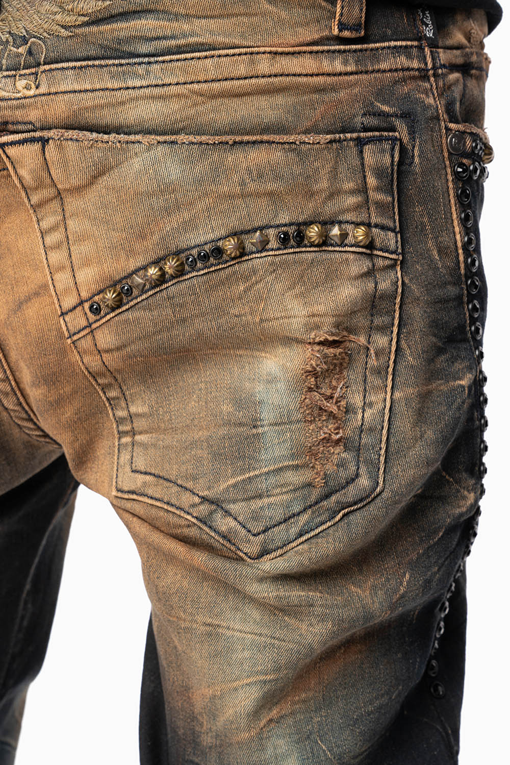 SKINNY MENS JEANS IN 4D DARK OXIDO BROKEN BACKING WASH WITH LARGE CRYSTALS & STUDS