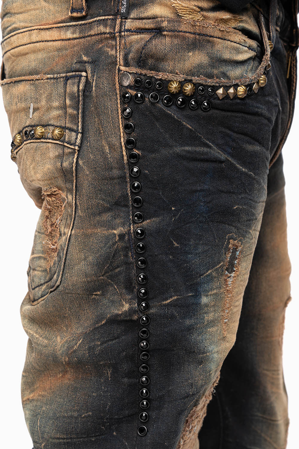 SKINNY MENS JEANS IN 4D DARK OXIDO BROKEN BACKING WASH WITH LARGE CRYSTALS & STUDS