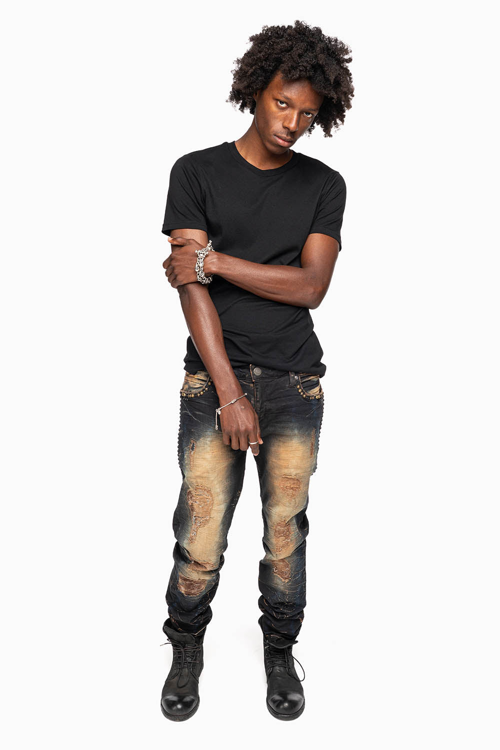 SKINNY MENS JEANS IN 4D DARK OXIDO BROKEN BACKING WASH WITH LARGE CRYSTALS & STUDS