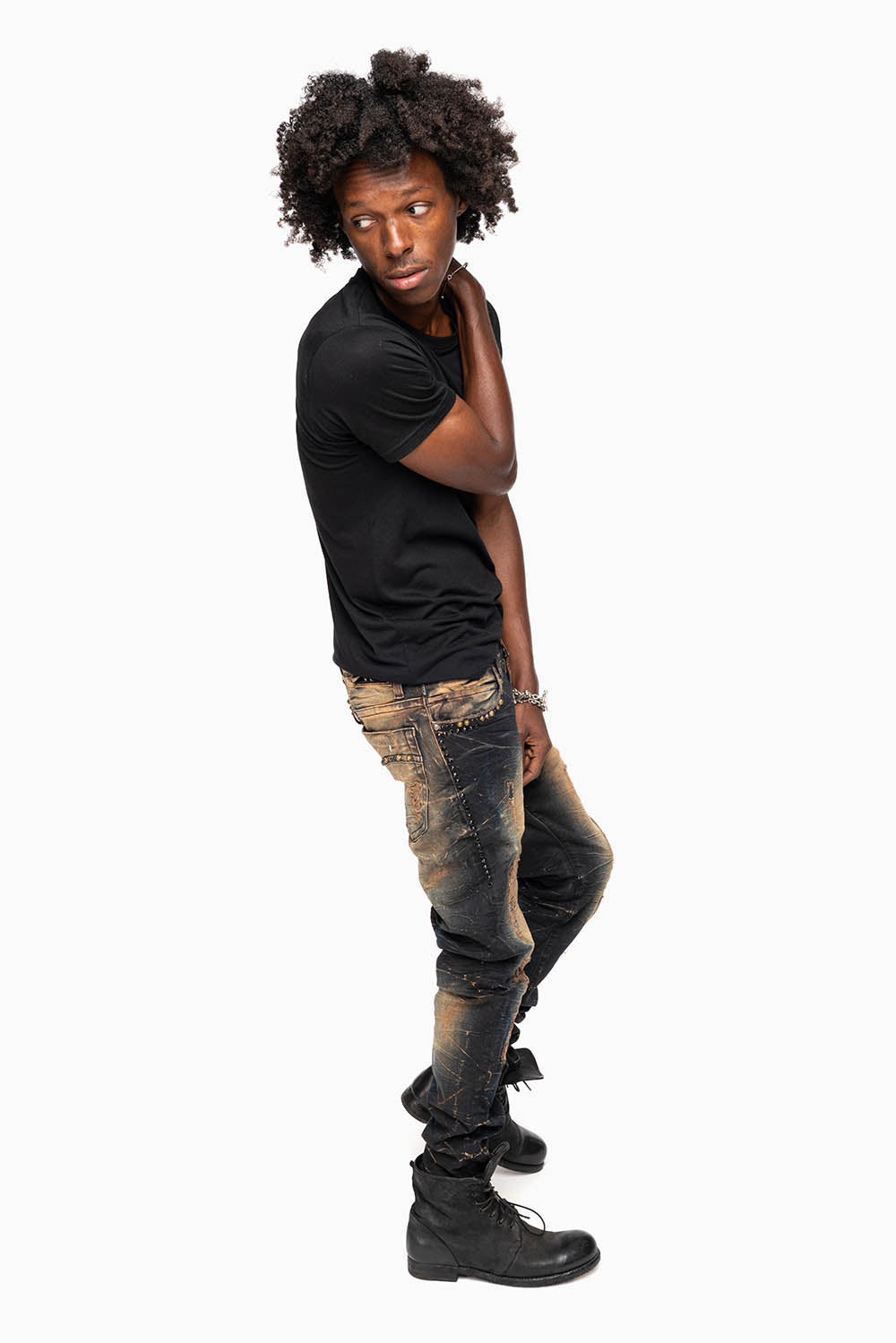 SKINNY MENS JEANS IN 4D DARK OXIDO BROKEN BACKING WASH WITH LARGE CRYSTALS & STUDS