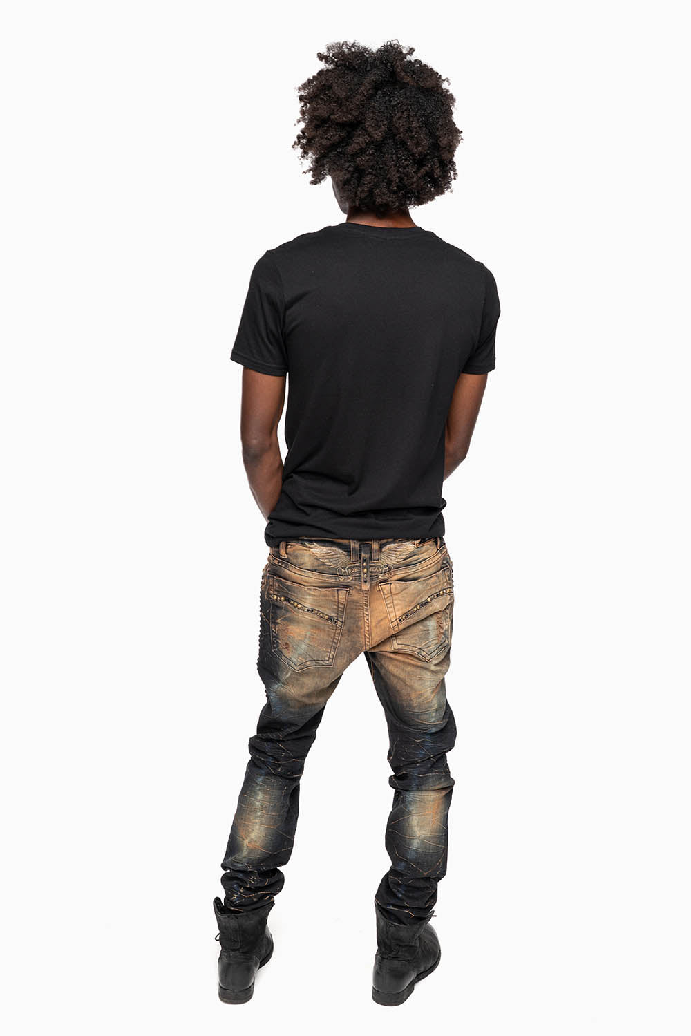 SKINNY MENS JEANS IN 4D DARK OXIDO BROKEN BACKING WASH WITH LARGE CRYSTALS & STUDS