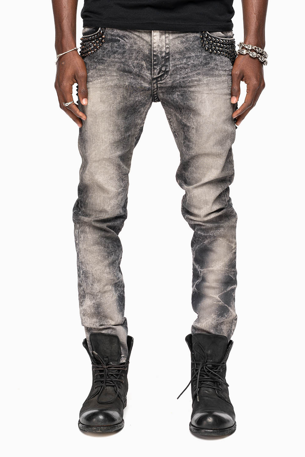 SKINNY MENS JEANS IN MICHAEL BLK  WASH WITH SPIKES & CRYSTALS