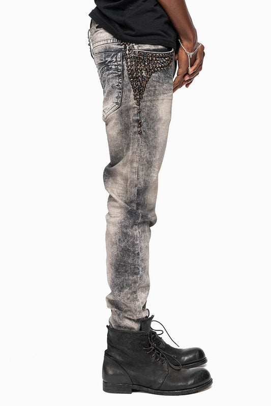 SKINNY MENS JEANS IN MICHAEL BLK  WASH WITH SPIKES & CRYSTALS