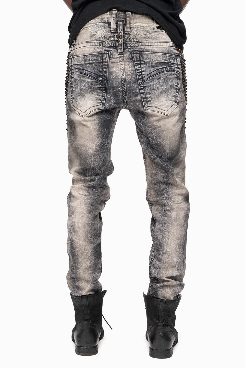 SKINNY MENS JEANS IN MICHAEL BLK  WASH WITH SPIKES & CRYSTALS