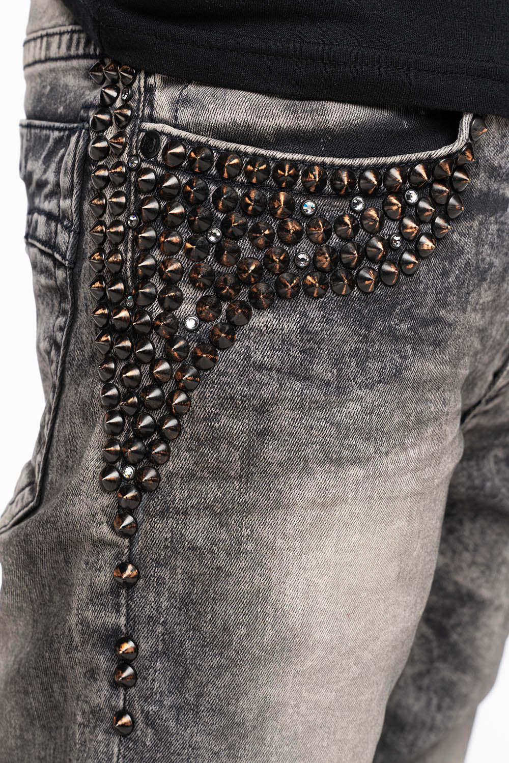 SKINNY MENS JEANS IN MICHAEL BLK  WASH WITH SPIKES & CRYSTALS