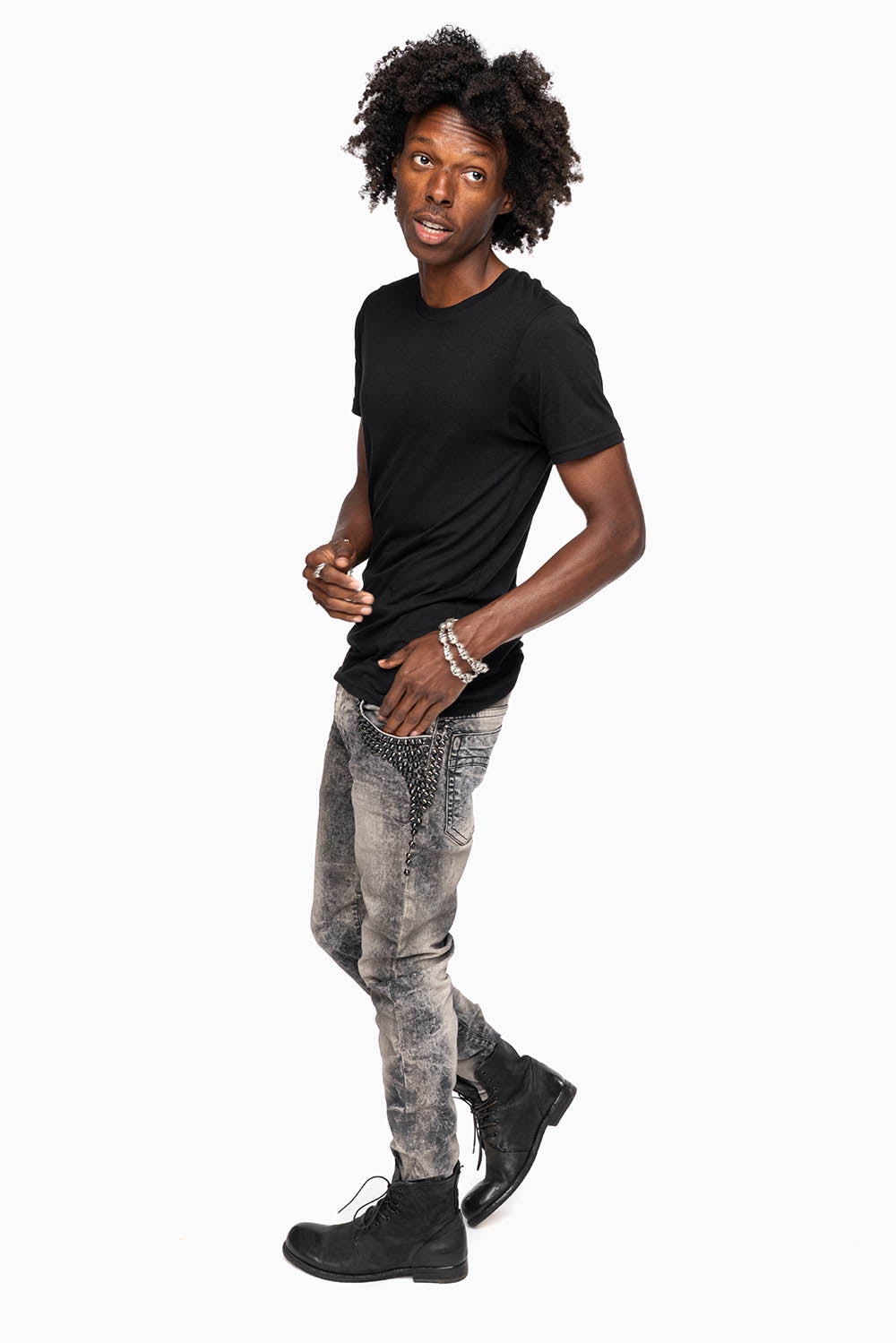 SKINNY MENS JEANS IN MICHAEL BLK  WASH WITH SPIKES & CRYSTALS