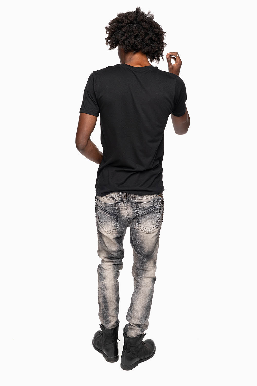 SKINNY MENS JEANS IN MICHAEL BLK  WASH WITH SPIKES & CRYSTALS