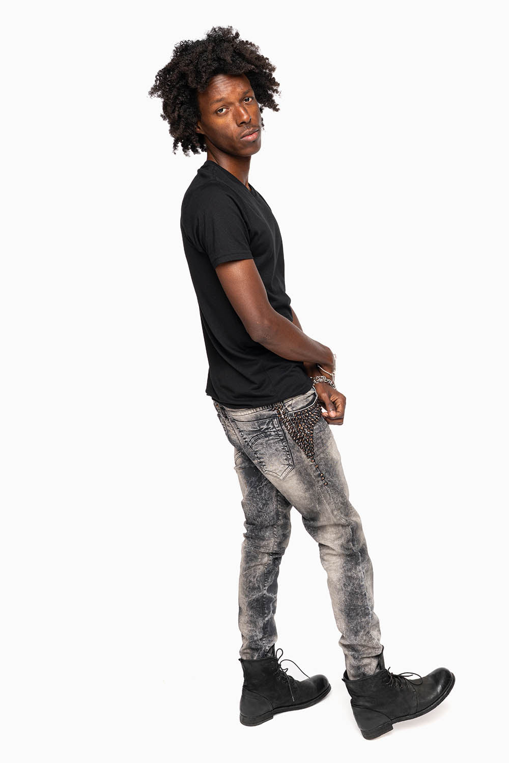 SKINNY MENS JEANS IN MICHAEL BLK  WASH WITH SPIKES & CRYSTALS