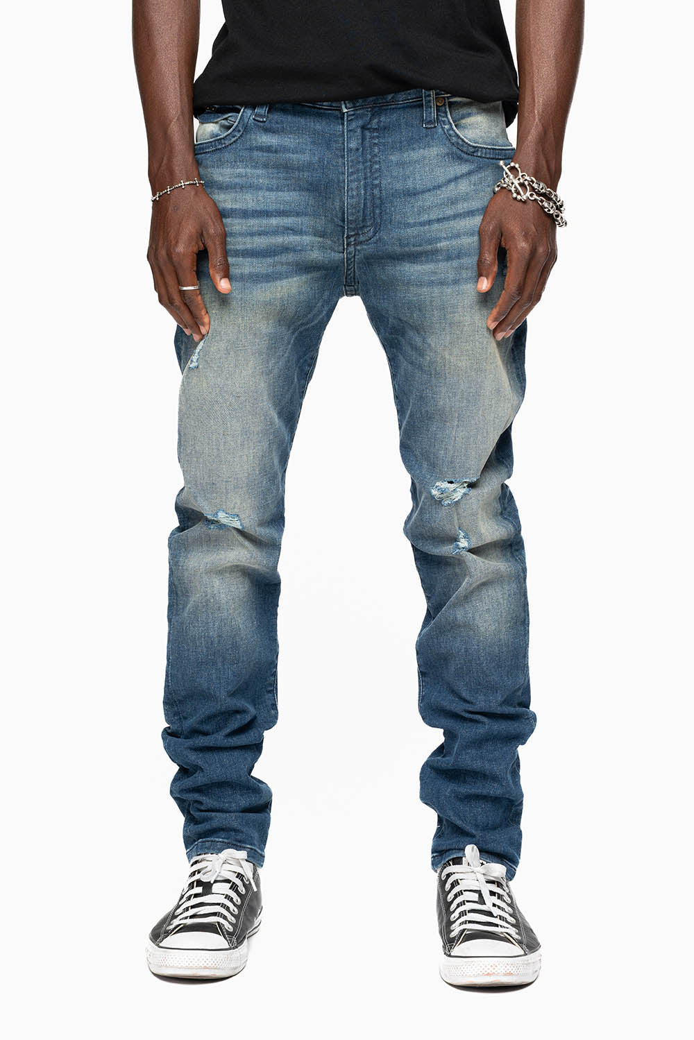 MENS SKINNY JEANS IN ELROY DARK BROKEN WASH WITH TONAL WING EMBROIDERY