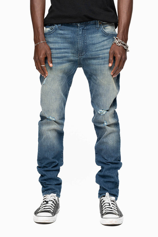 MENS SKINNY JEANS IN ELROY DARK BROKEN WASH WITH TONAL WING EMBROIDERY