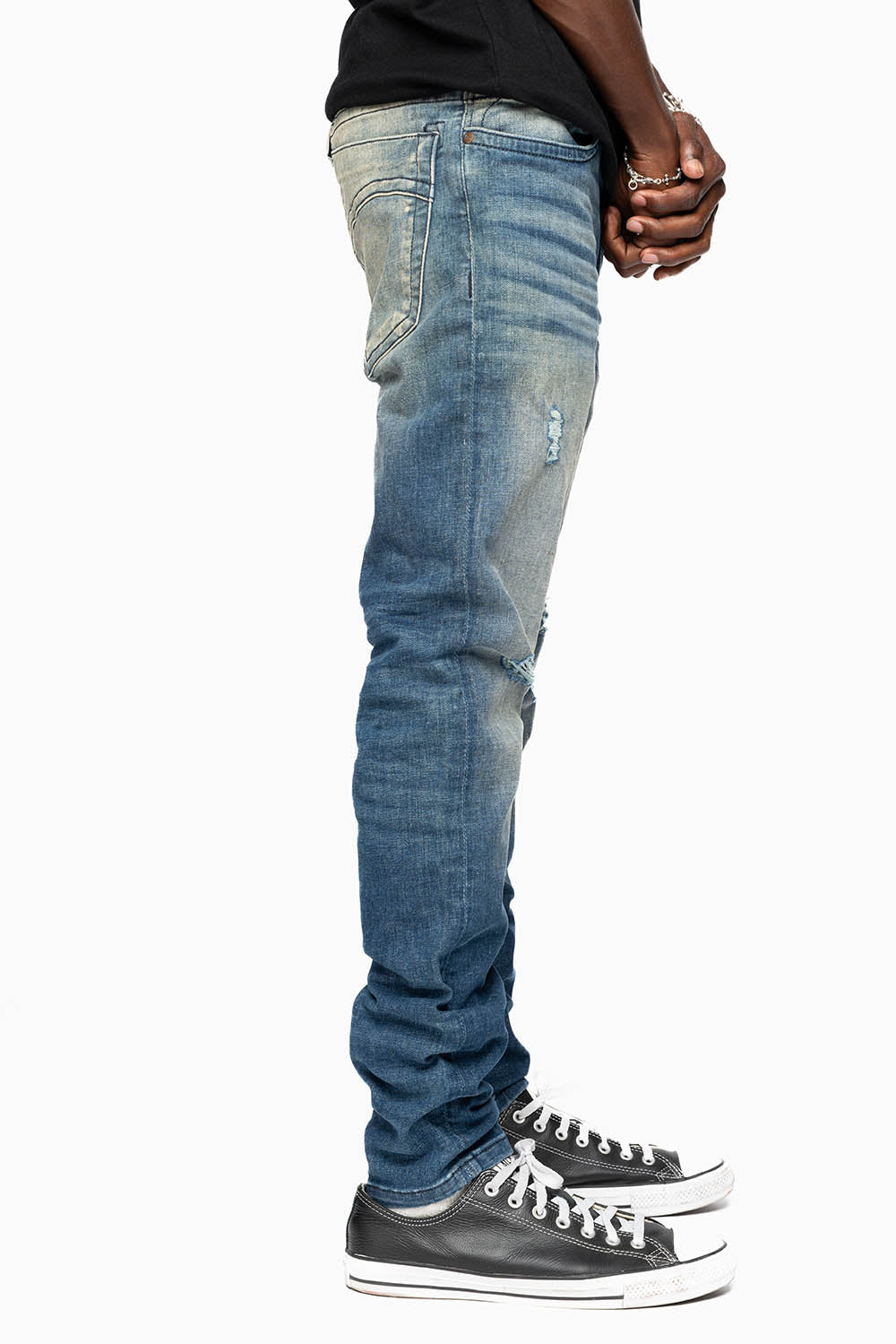 MENS SKINNY JEANS IN ELROY DARK BROKEN WASH WITH TONAL WING EMBROIDERY