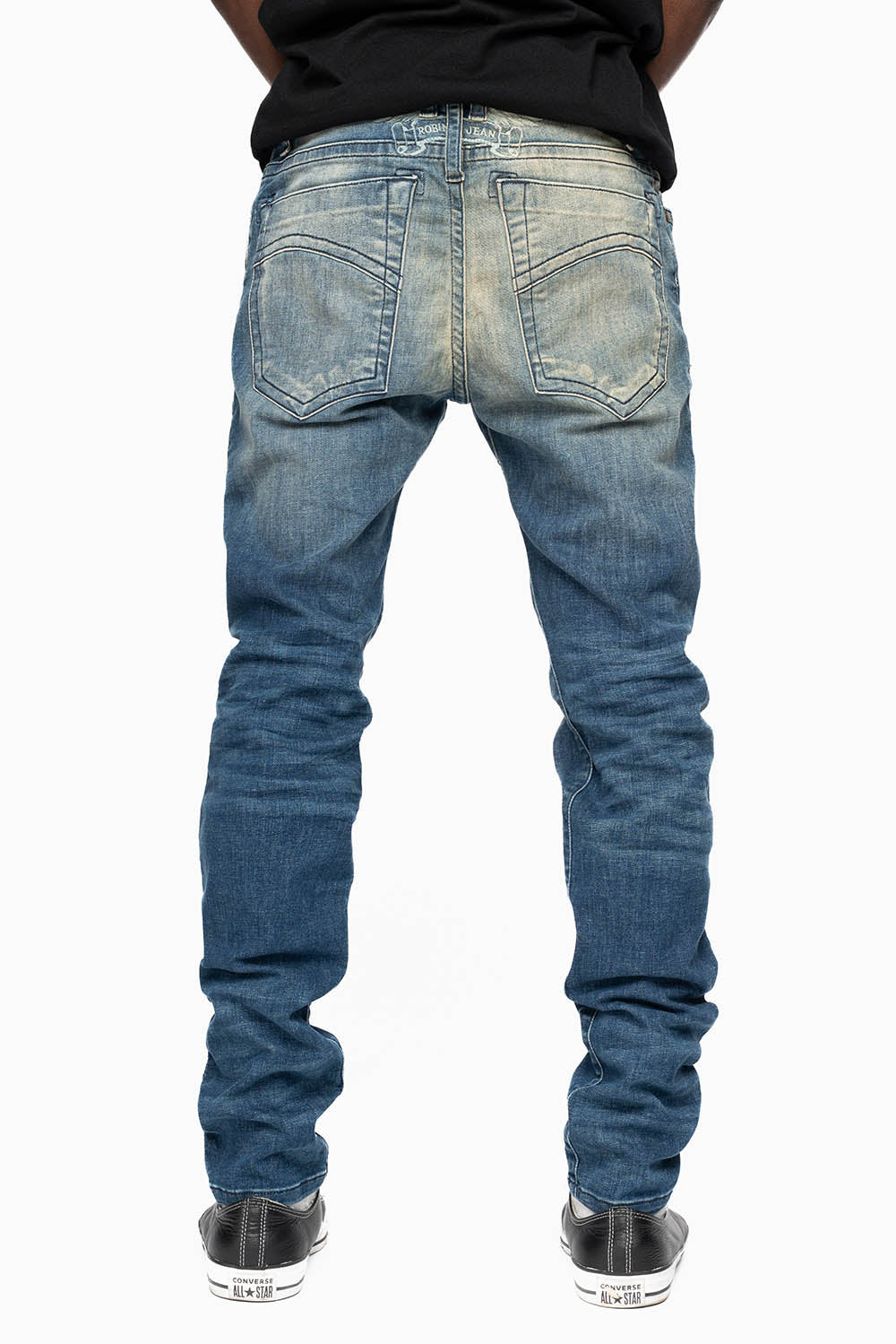 MENS SKINNY JEANS IN ELROY DARK BROKEN WASH WITH TONAL WING EMBROIDERY