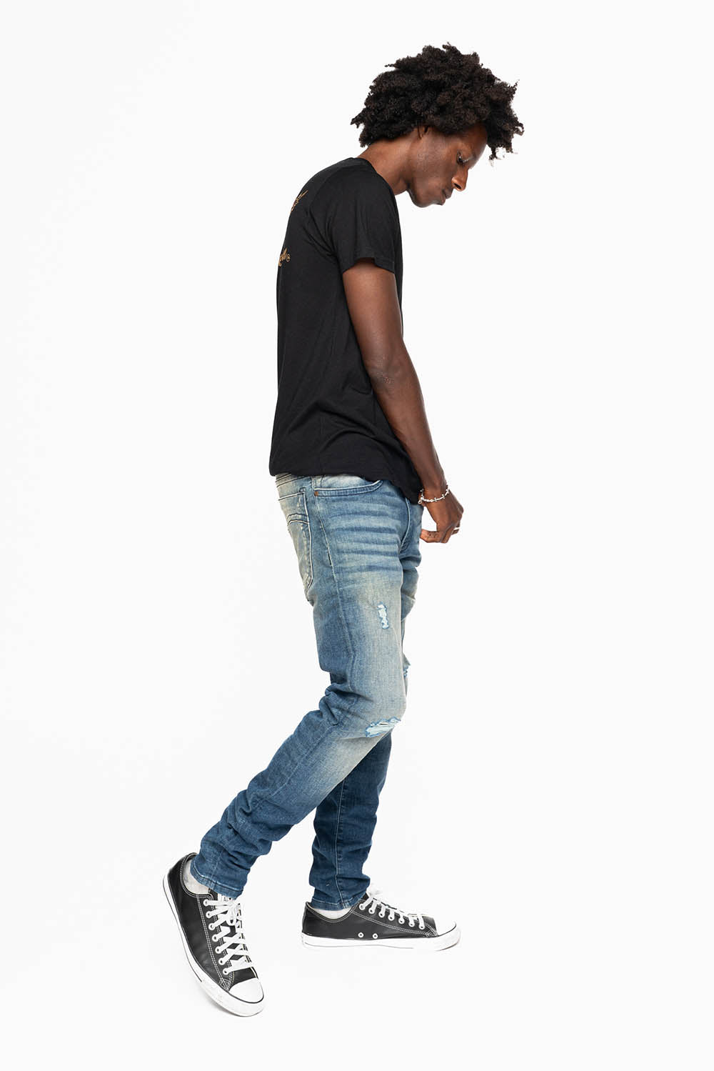 MENS SKINNY JEANS IN ELROY DARK BROKEN WASH WITH TONAL WING EMBROIDERY