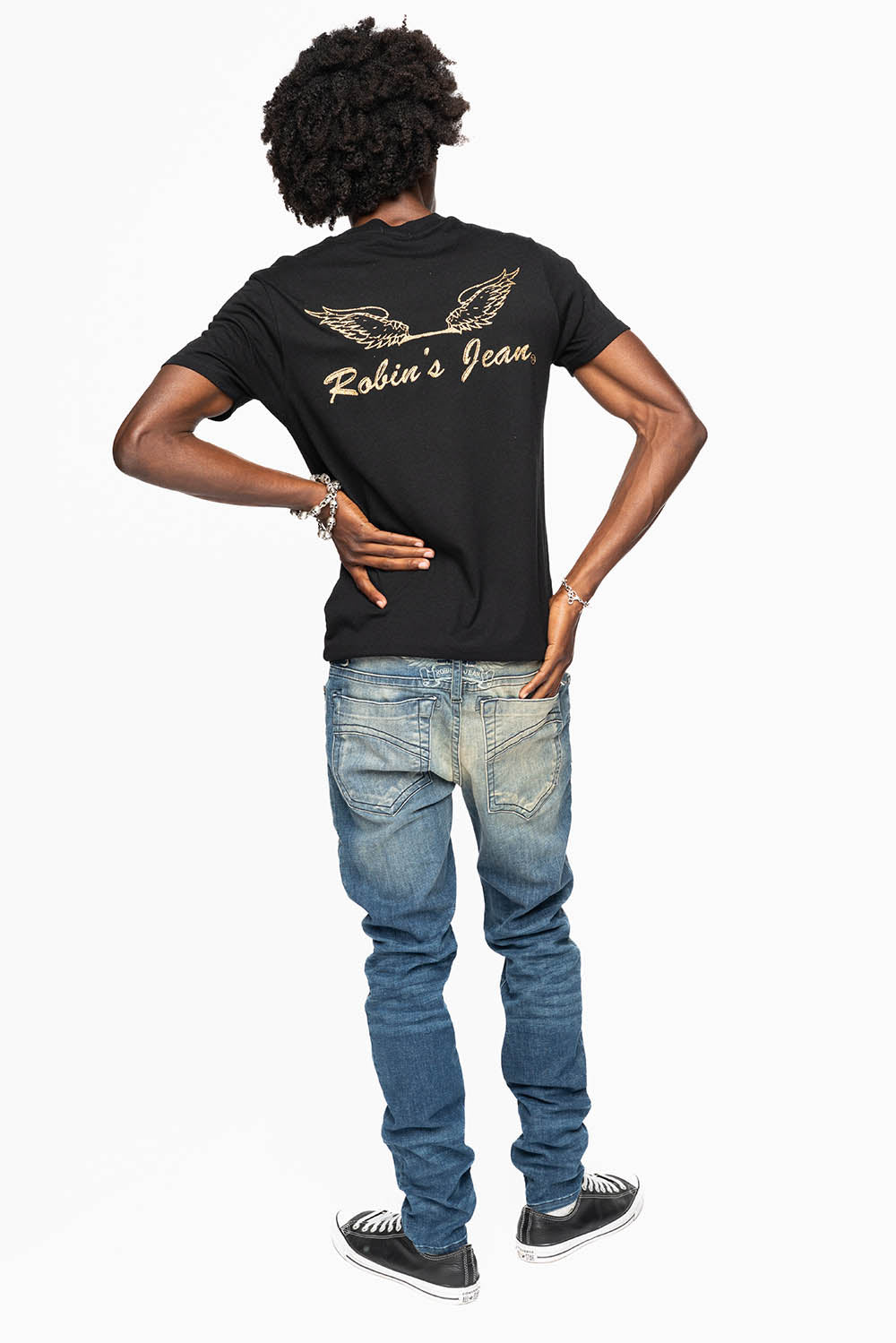 MENS SKINNY JEANS IN ELROY DARK BROKEN WASH WITH TONAL WING EMBROIDERY
