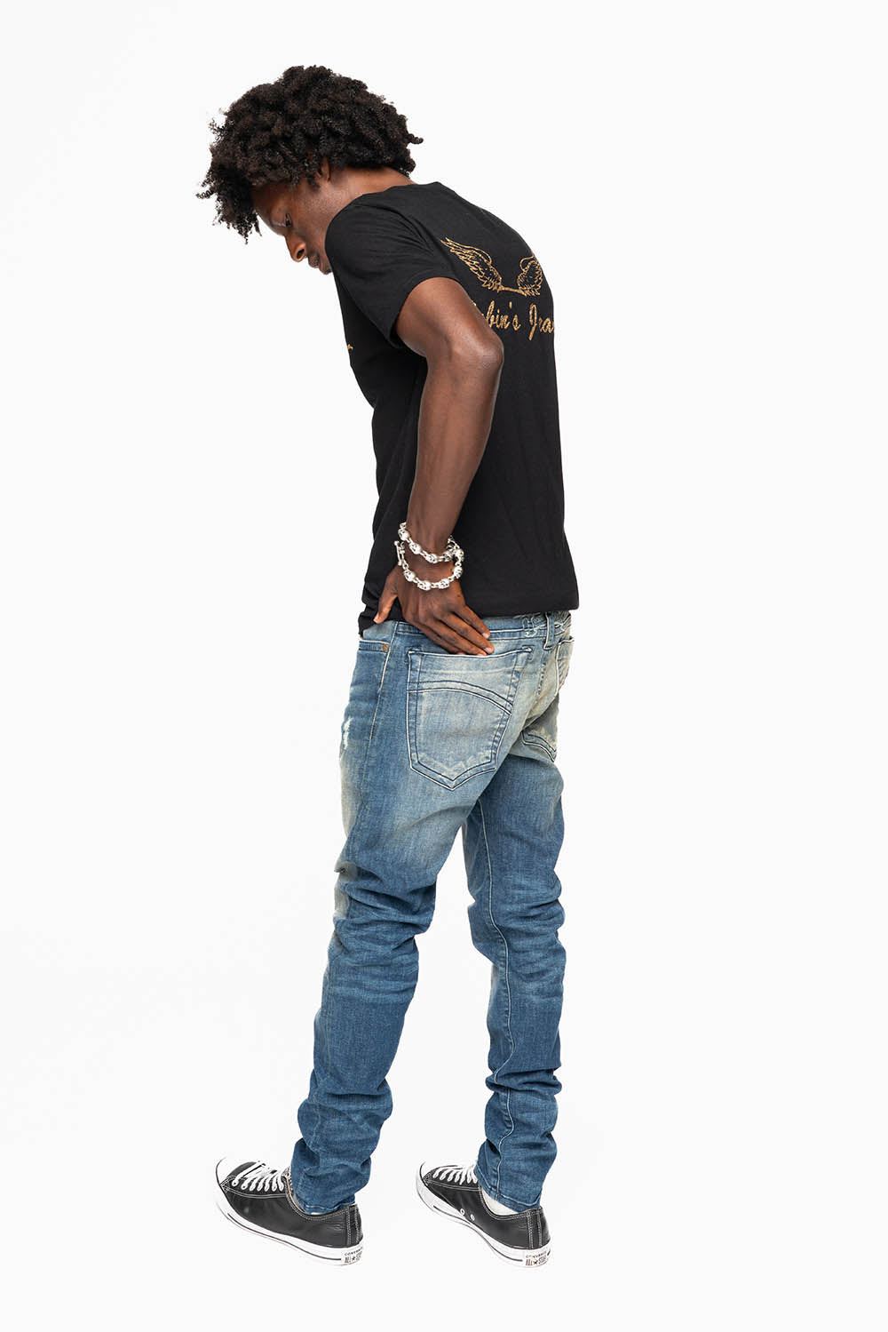 MENS SKINNY JEANS IN ELROY DARK BROKEN WASH WITH TONAL WING EMBROIDERY