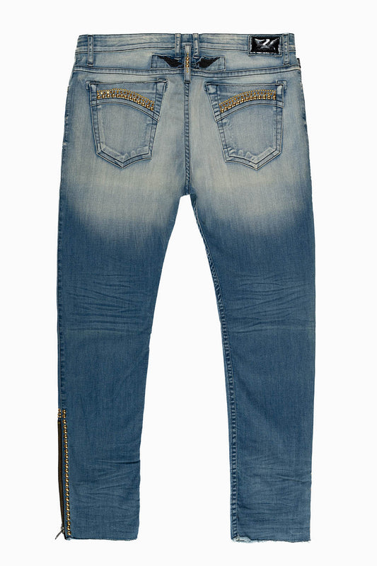 MENS SKINNY LEG ZIPPER JEANS IN BLUE ELROY MEDIUM WASH  WITH EMBELLISHMENT