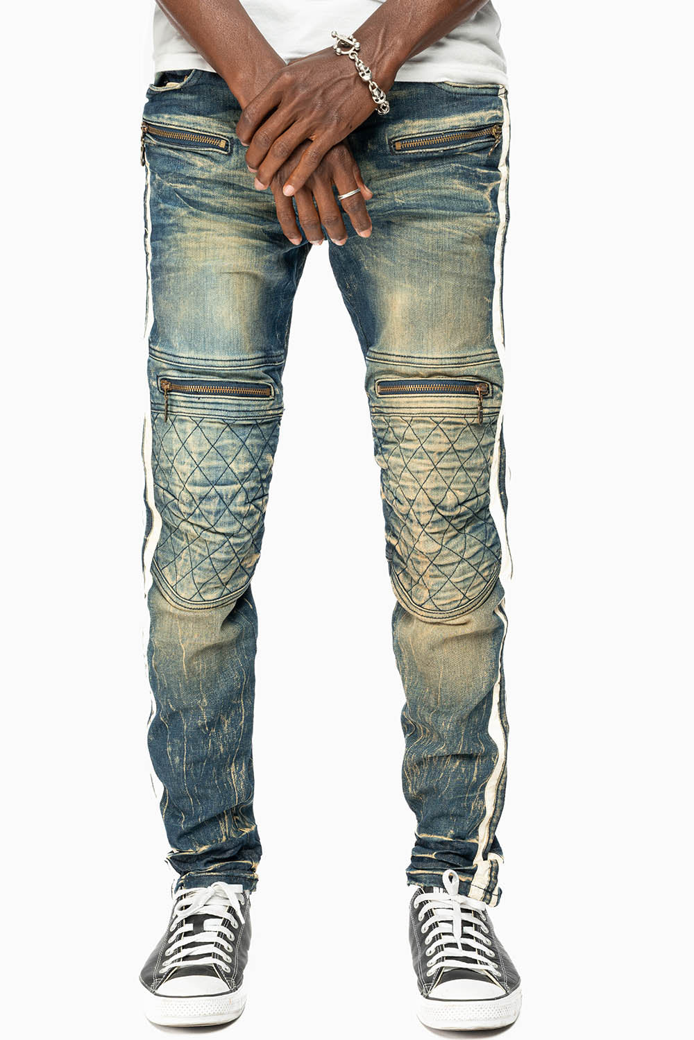 MENS BIKER JEANS IN BLUE 4D DARK WASH WITH WHITE STRIPES