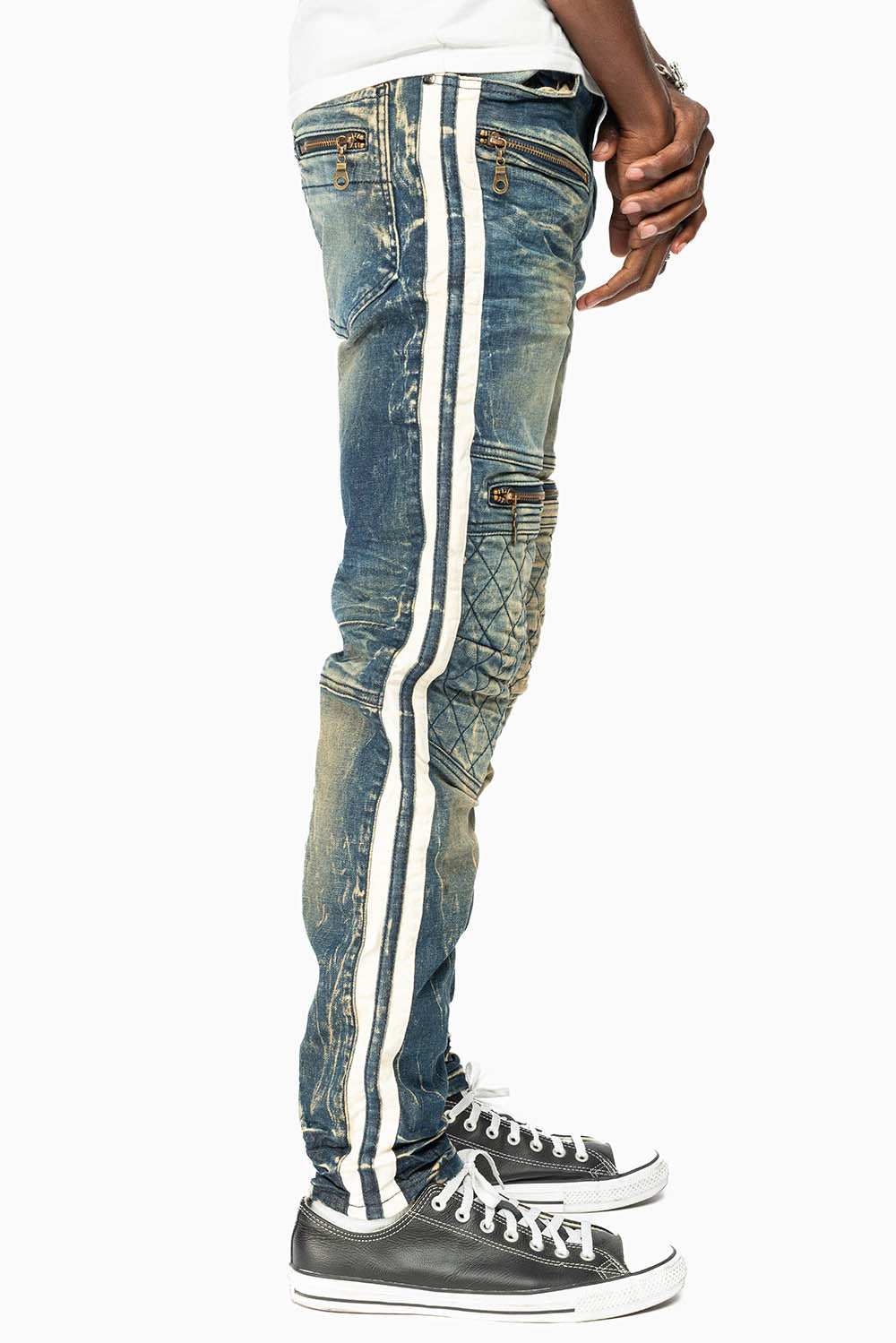 MENS BIKER JEANS IN BLUE 4D DARK WASH WITH WHITE STRIPES